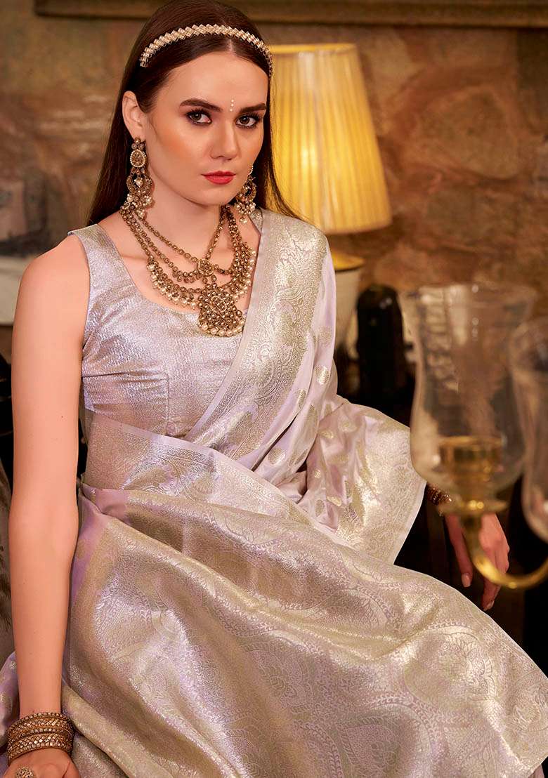 Lavender Zari Woven Silk Saree Set - Indya