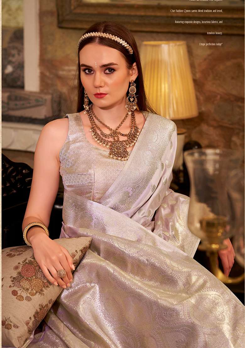 Lavender Zari Woven Silk Saree Set - Indya