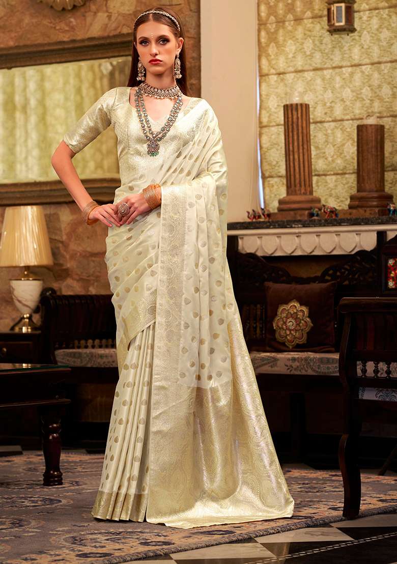 Cream Zari Woven Silk Saree Set - Indya