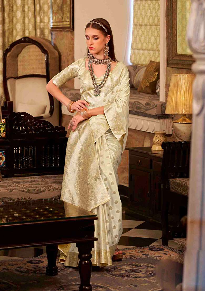 Cream Zari Woven Silk Saree Set - Indya