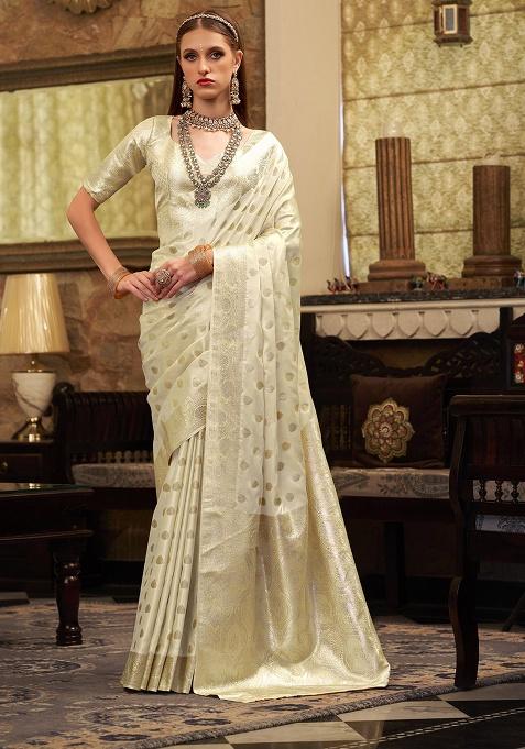 Cream Zari Woven Silk Saree Set