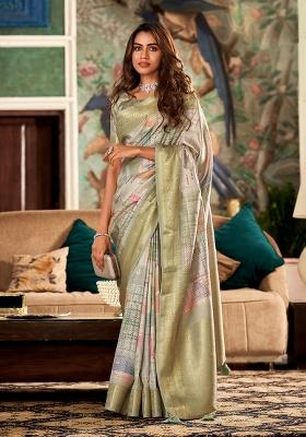 Pista Zari Woven Silk Saree Set