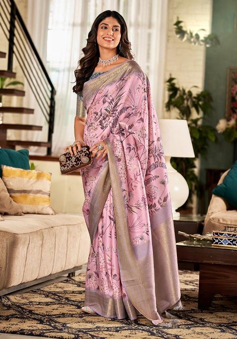 Baby Pink Zari Woven Silk Saree Set