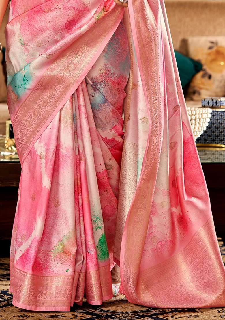 Pink Zari Woven Silk Blend Saree Set - Indya