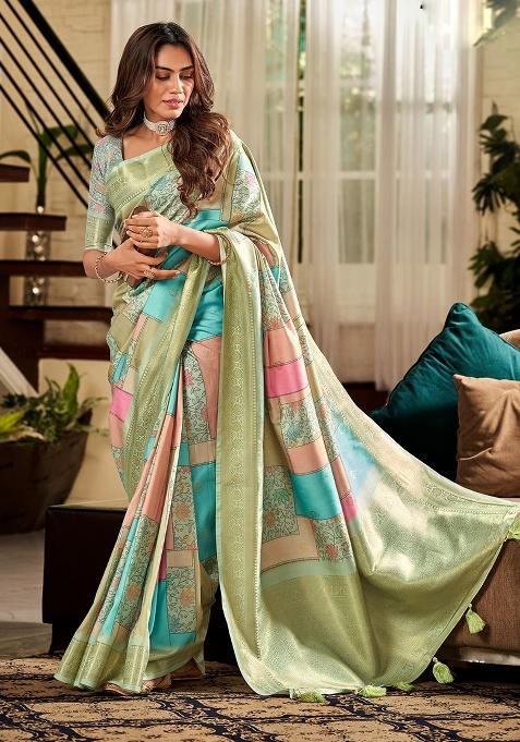 Mint Zari Woven Silk Saree Set