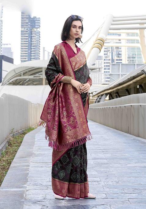 Black Bandhani Silk Saree Set