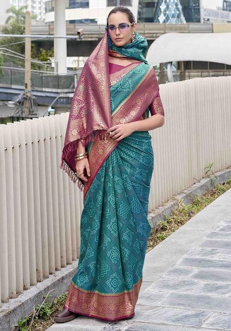Rama Bandhani Silk Saree Set