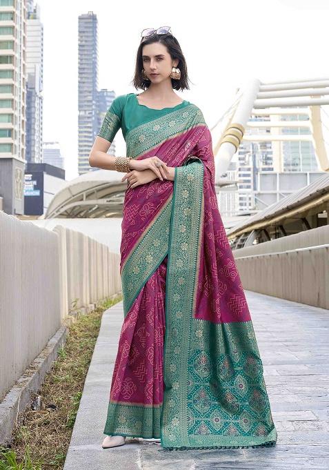 Wine Bandhani Silk Saree Set