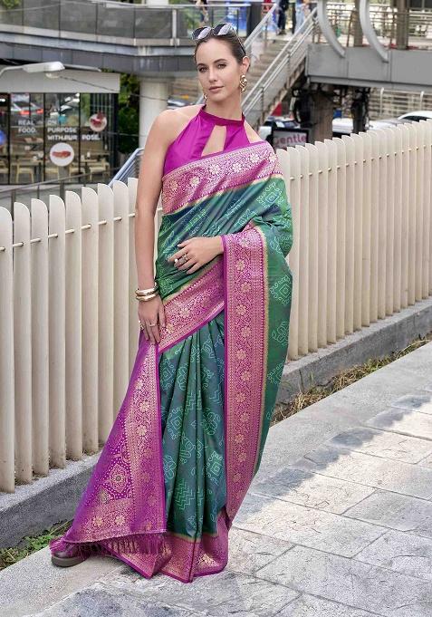 Dark Green Bandhani Silk Saree Set