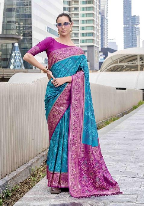 Teal Bandhani Silk Saree Set