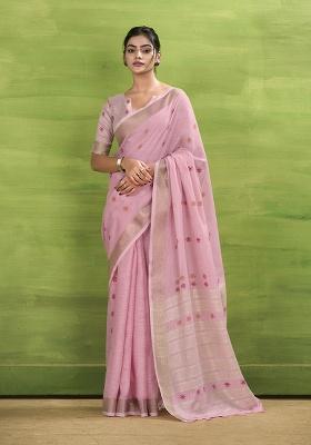 Pink Woven Silk Saree Set