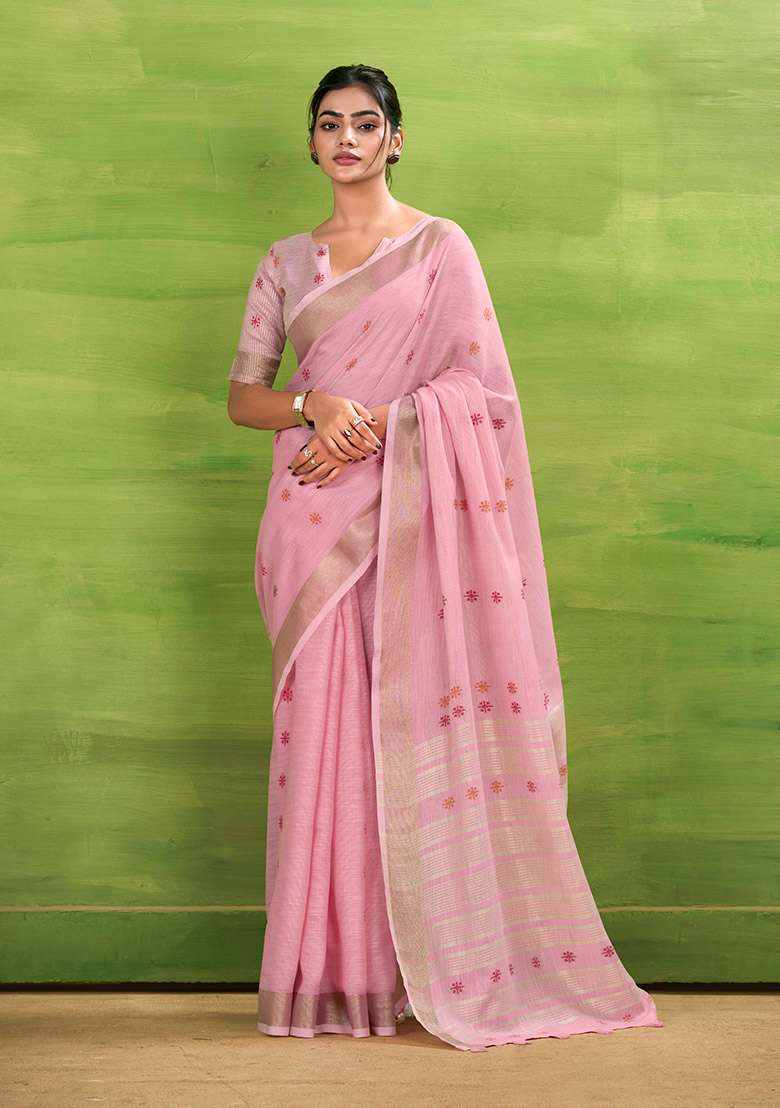 Pink Woven Silk Blend Saree Set - Indya