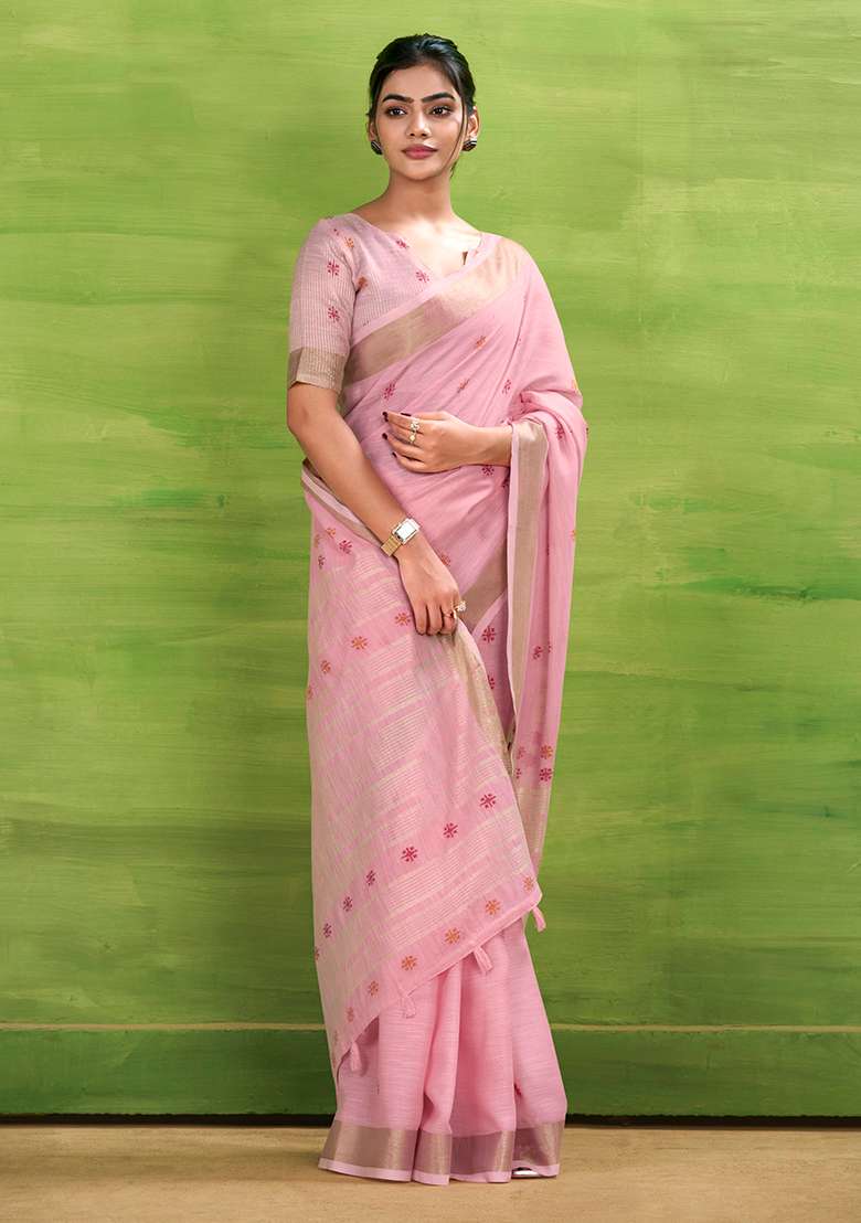 Pink Woven Silk Blend Saree Set - Indya