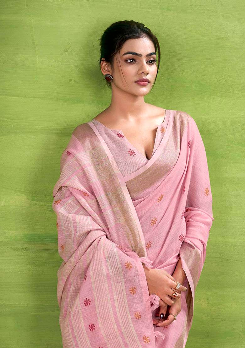 Pink Woven Silk Blend Saree Set - Indya