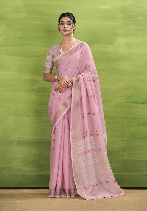 Pink Woven Silk Saree Set