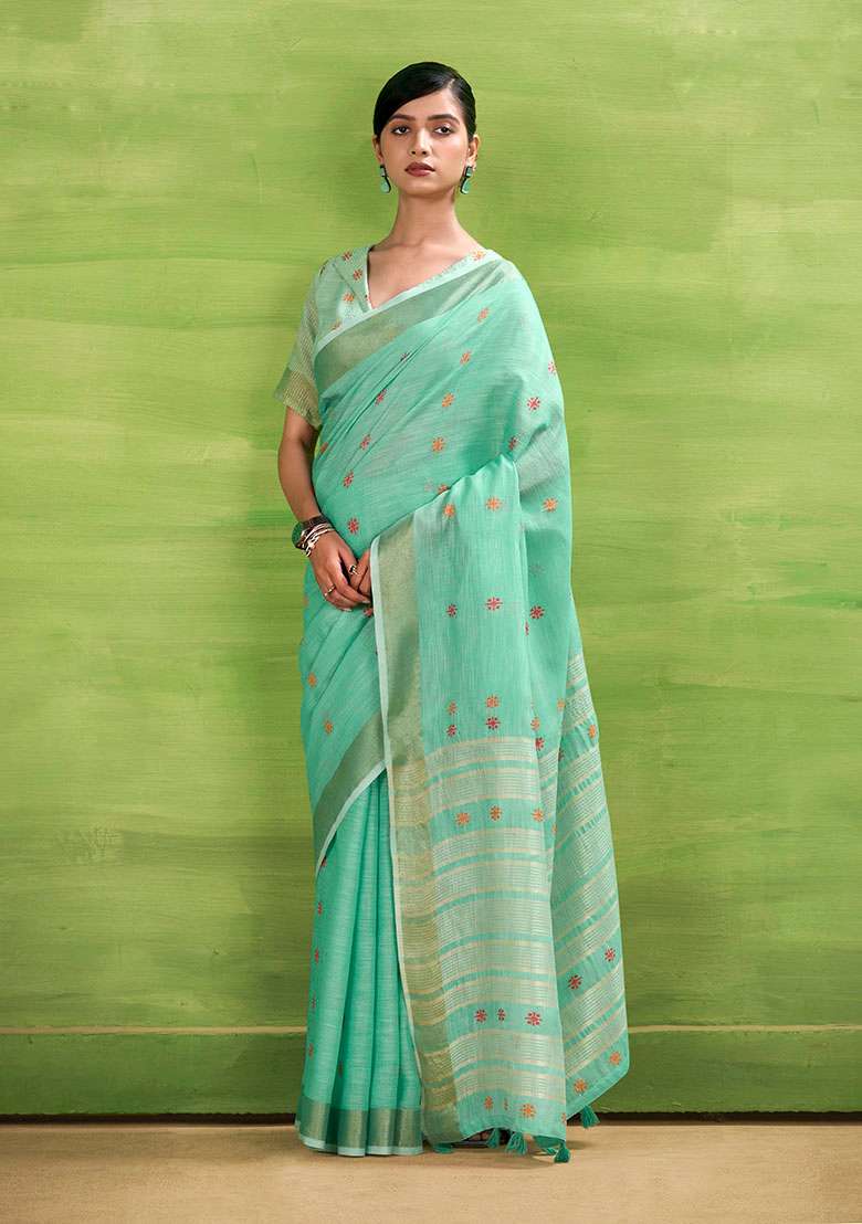 Turquoise Woven Silk Blend Saree Set - Indya