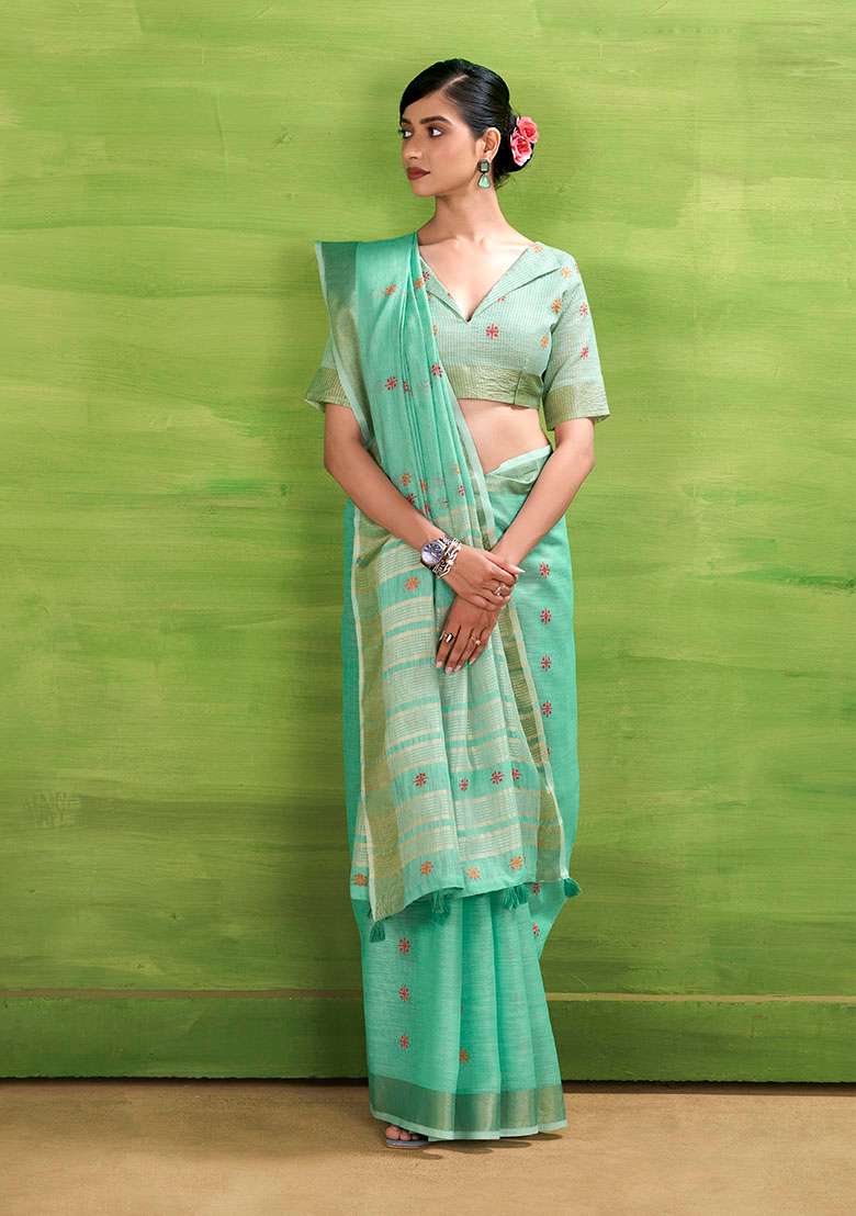 Turquoise Woven Silk Blend Saree Set - Indya