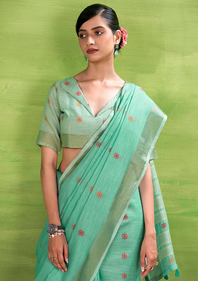Turquoise Woven Silk Blend Saree Set - Indya