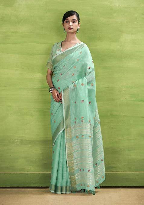 Turquoise Woven Silk Saree Set