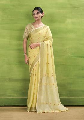 Yellow Woven Silk Saree Set
