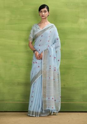 Blue Woven Silk Saree Set