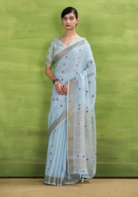 Blue Woven Silk Saree Set