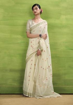 Cream Woven Silk Saree Set
