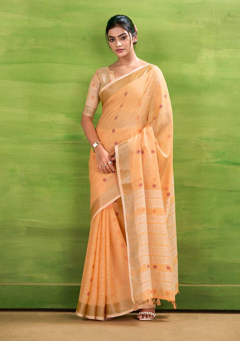 Orange Woven Silk Blend Saree Set - Indya
