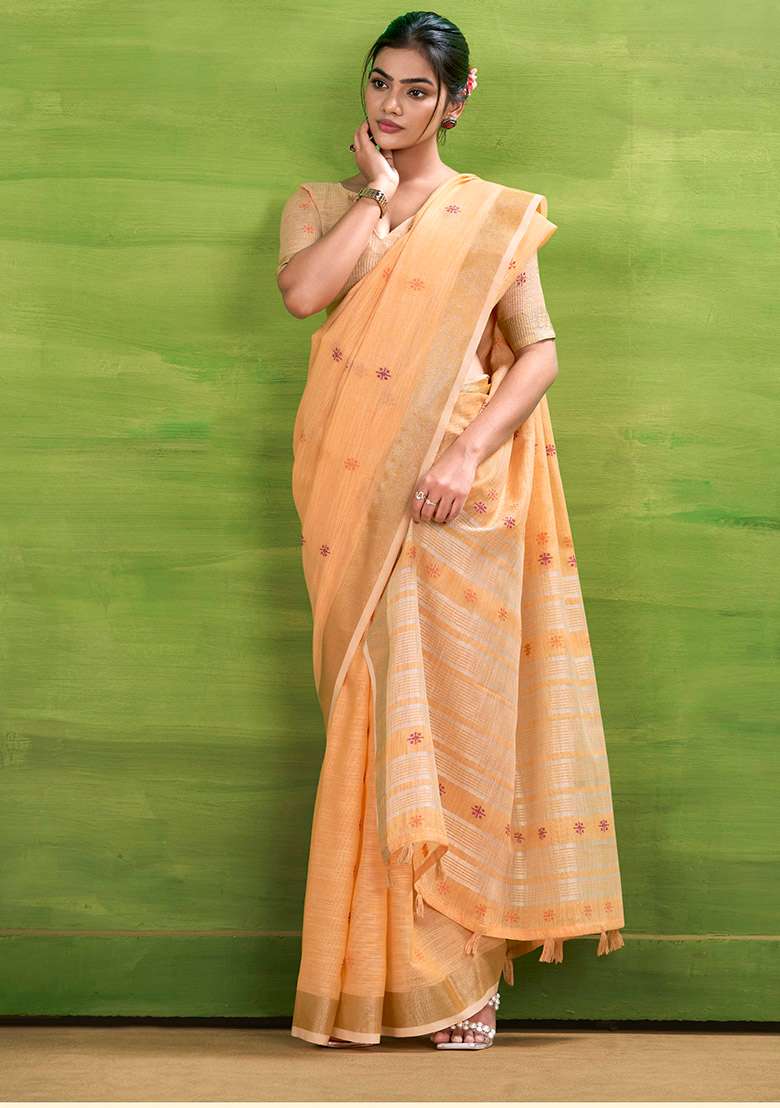 Orange Woven Silk Blend Saree Set - Indya