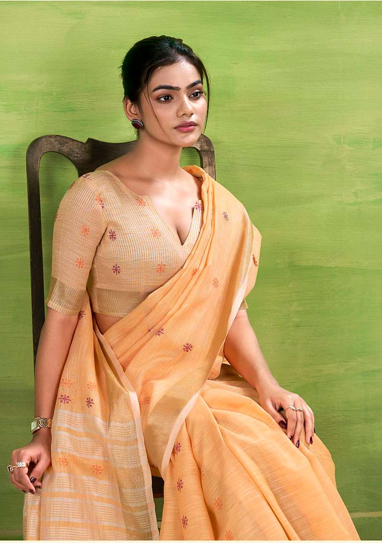 Orange Woven Silk Blend Saree Set - Indya
