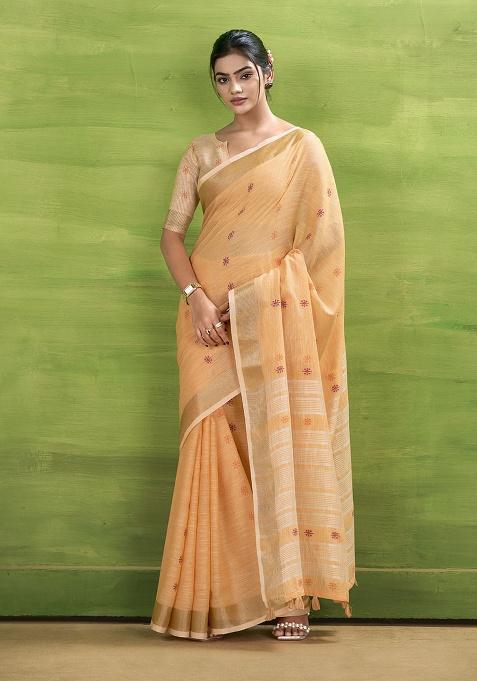 Orange Woven Silk Saree Set