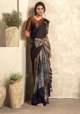 Black Printed Satin Saree Set