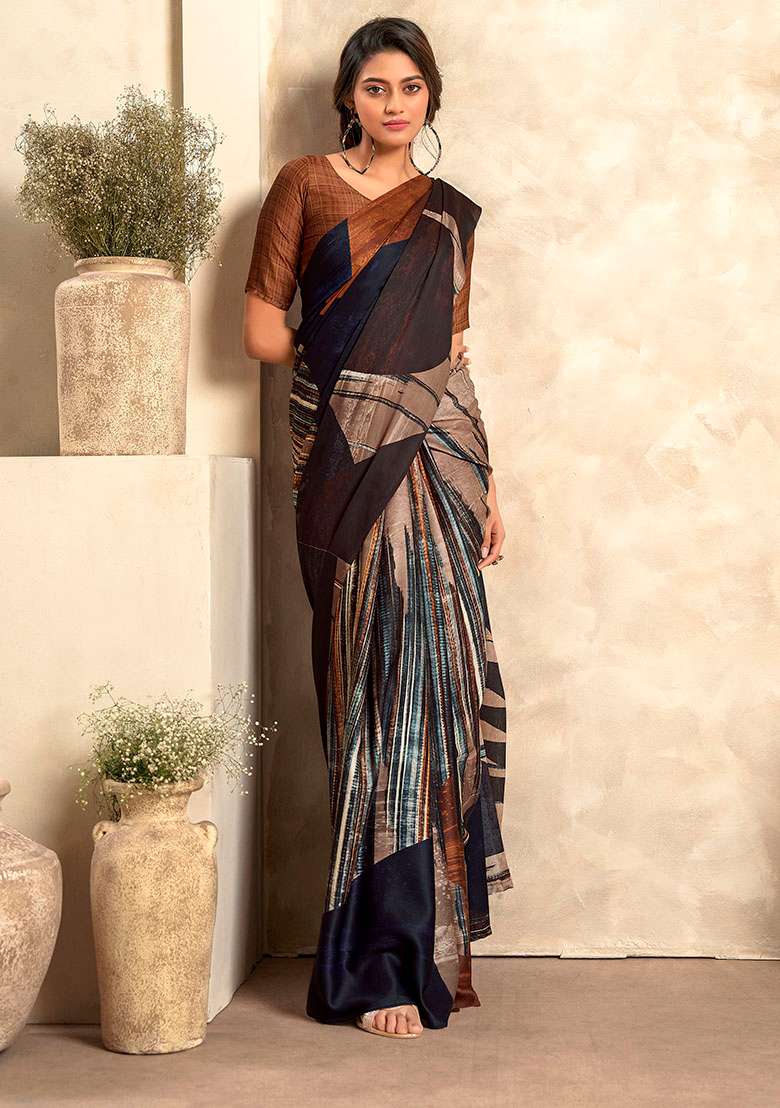 Black Printed Satin Saree Set - Indya