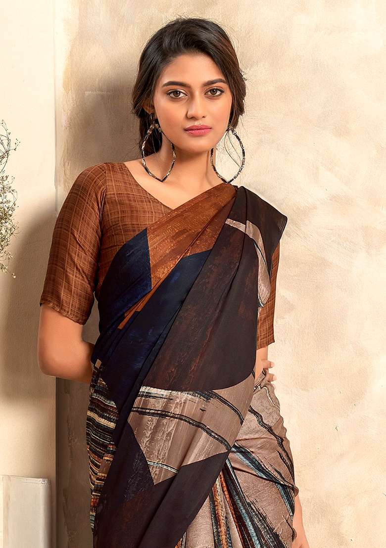 Black Printed Satin Saree Set - Indya