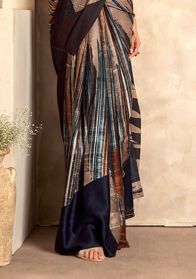 Black Printed Satin Saree Set - Indya