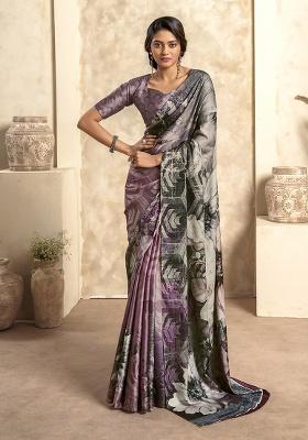 Lavender Printed Satin Saree Set