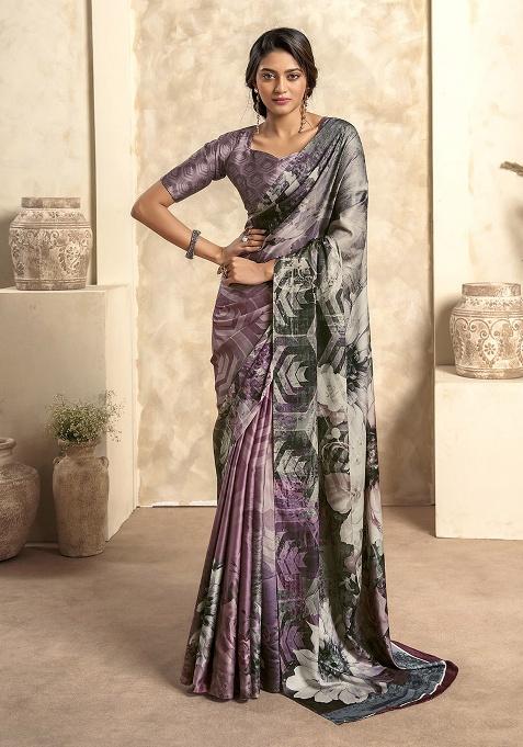 Lavender Printed Satin Saree Set