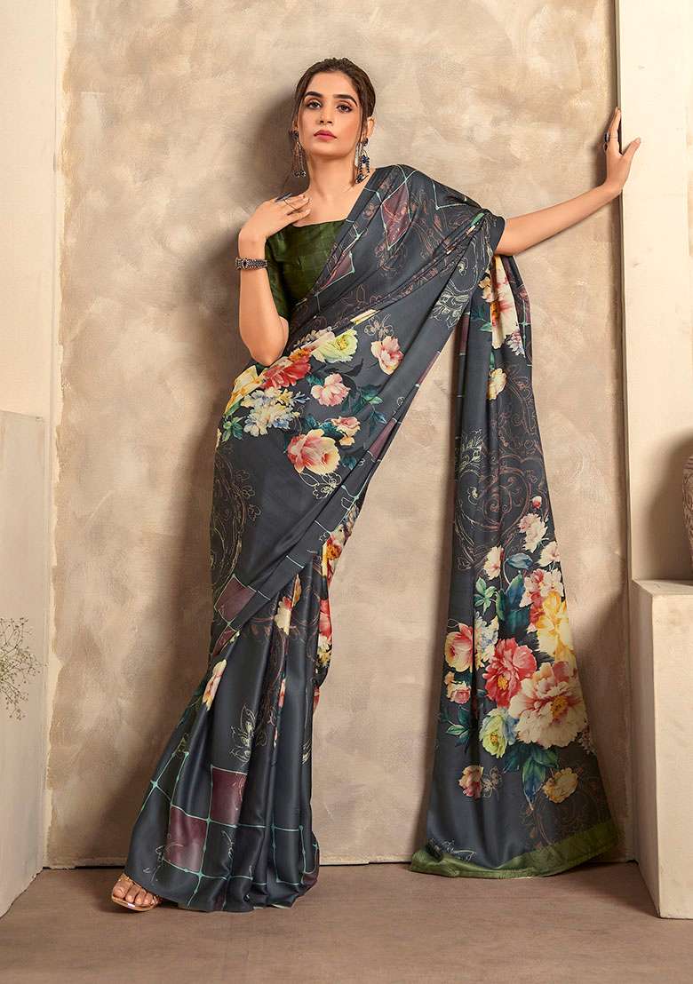 Grey Printed Satin Saree Set - Indya