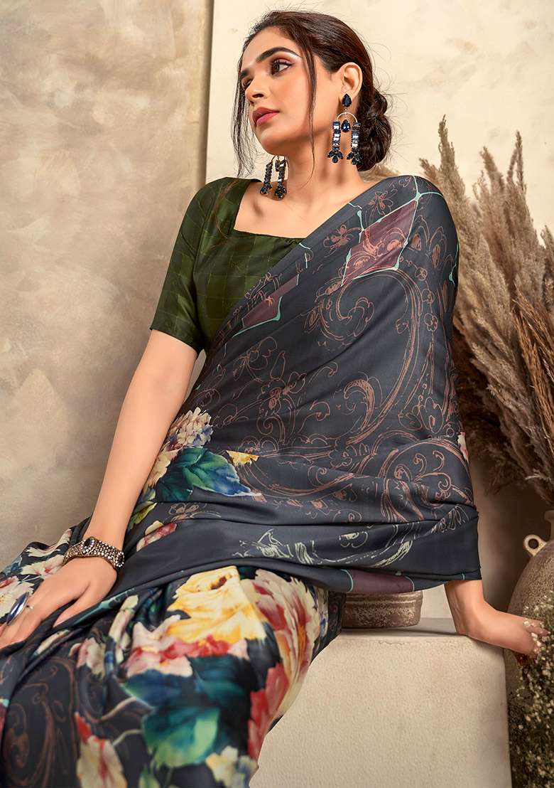 Grey Printed Satin Saree Set - Indya
