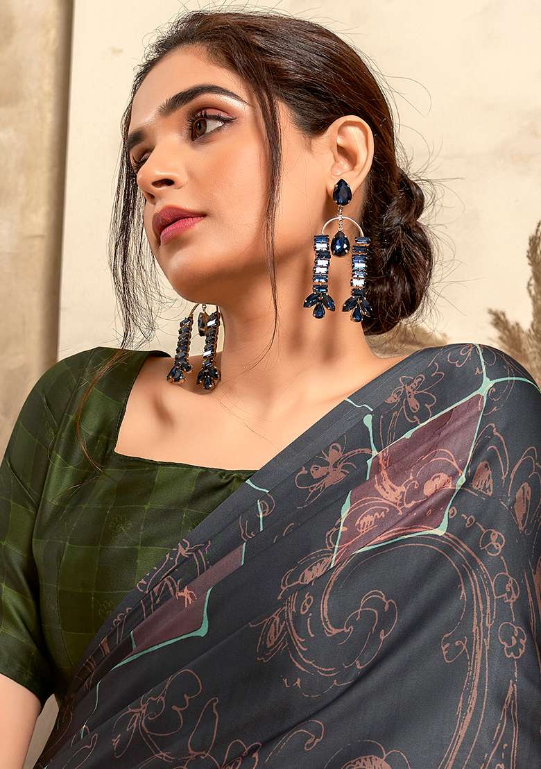 Grey Printed Satin Saree Set - Indya