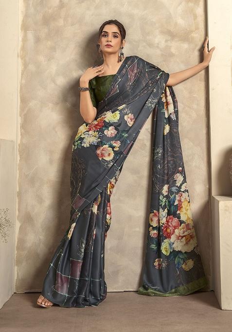 Grey Printed Satin Saree Set