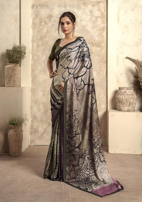 Olive Printed Satin Saree Set