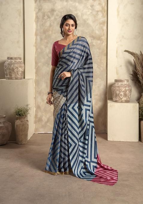 Blue Printed Satin Saree Set