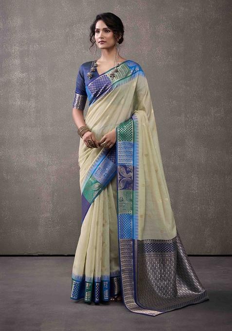 Mint Zari Woven Cotton Saree Set