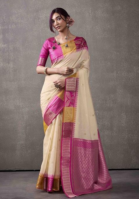 Cream Zari Woven Cotton Saree Set