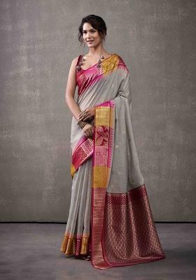 Grey Zari Woven Cotton Saree Set