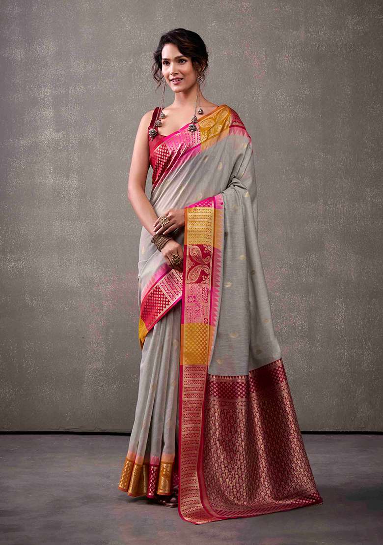 Grey Zari Woven Cotton Saree Set - Indya
