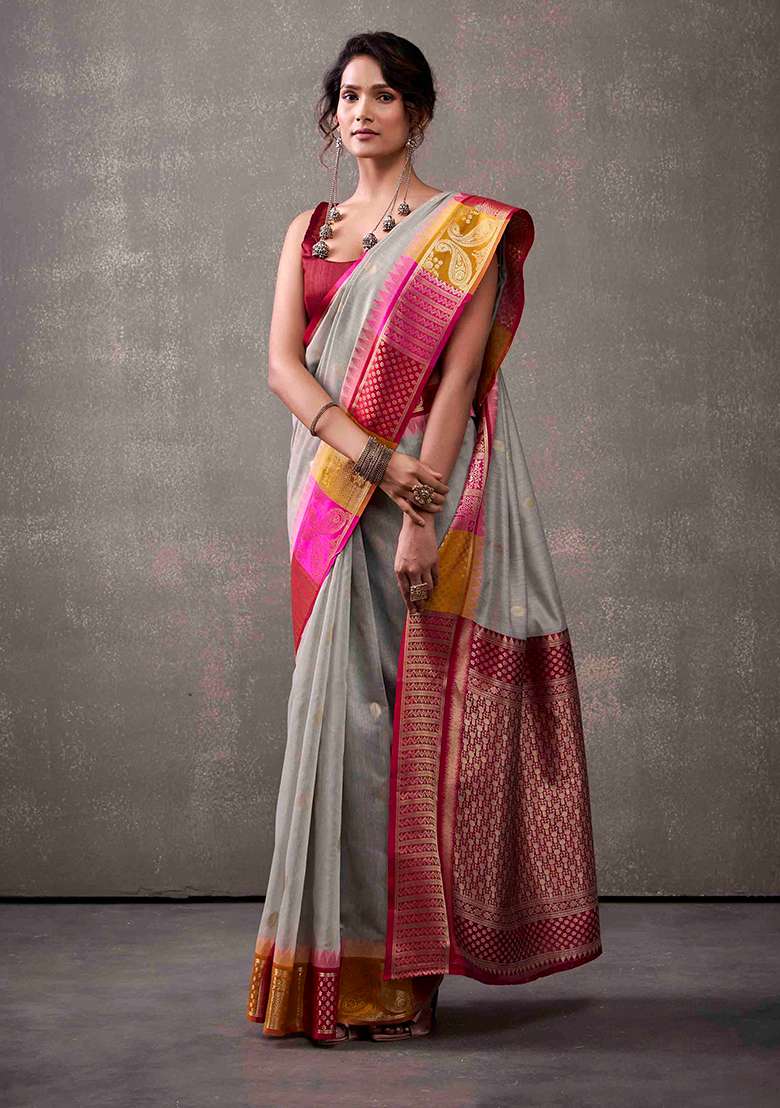 Grey Zari Woven Cotton Saree Set - Indya