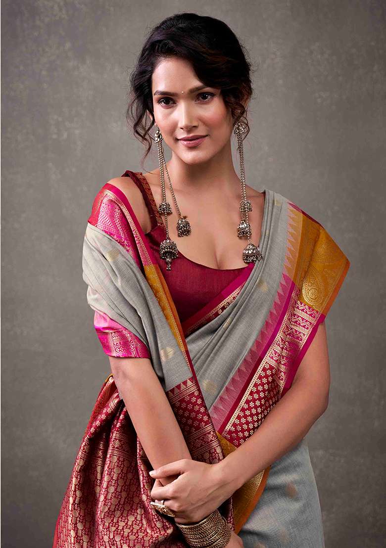 Grey Zari Woven Cotton Saree Set - Indya