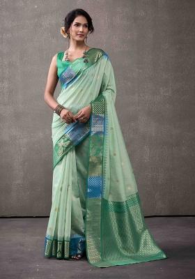 Sea Green Zari Woven Cotton Saree Set